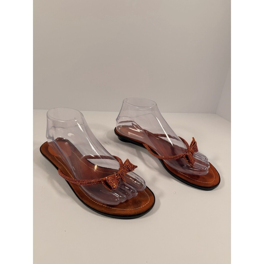 Made in Italy Rhinestone Bow Thong Sandals Orange Pink Leather Y2K Size 38